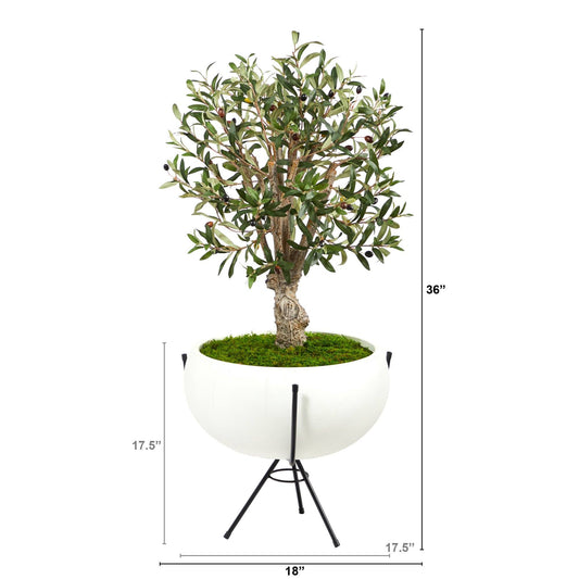 3’ Olive Artificial Tree in White Planter with Metal Stand - Tampa Home & Garden Store