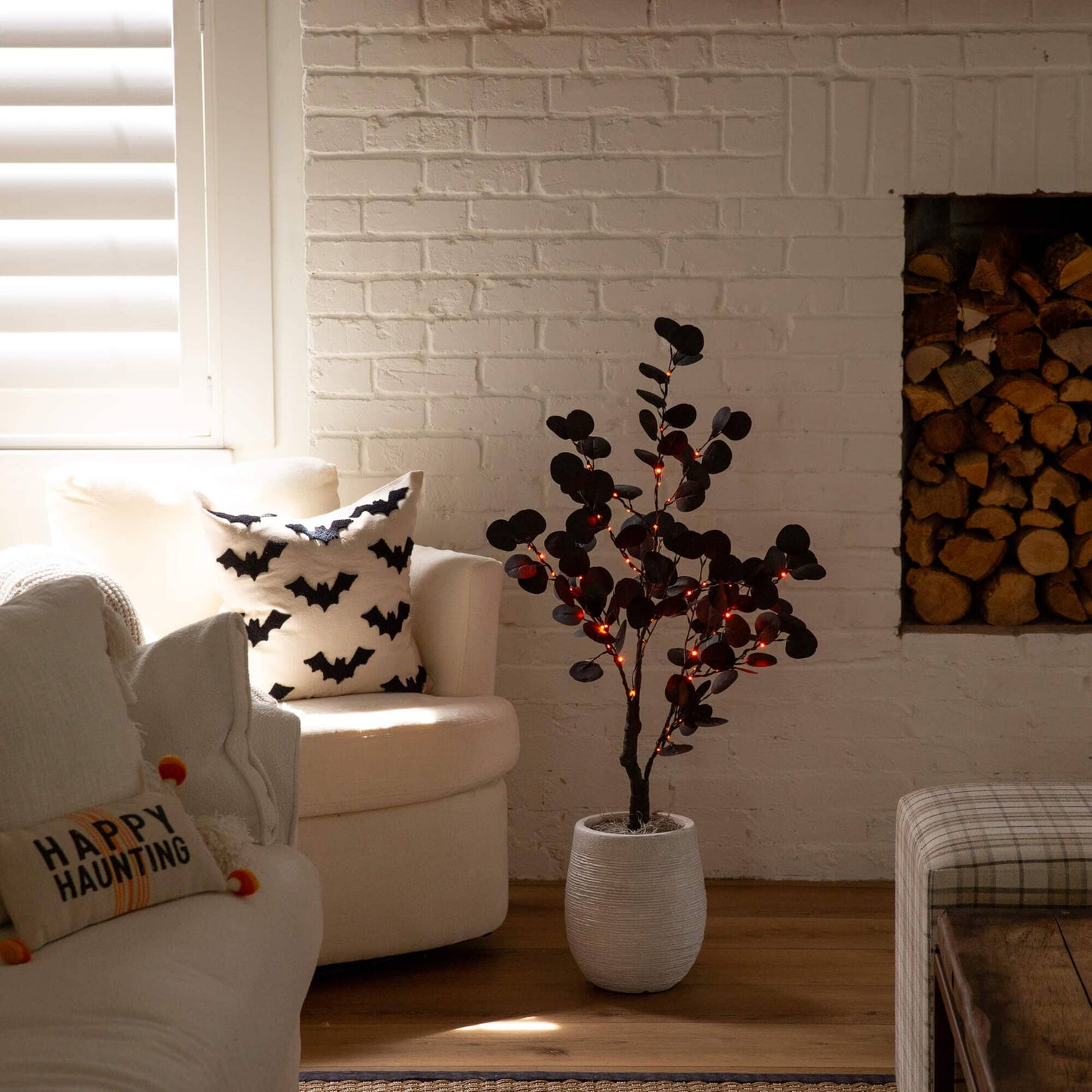 Nearly Natural 3' pre-lit Halloween black eucalyptus tree with 80 orange and purple LEDs on Tampa Home & Garden Store
