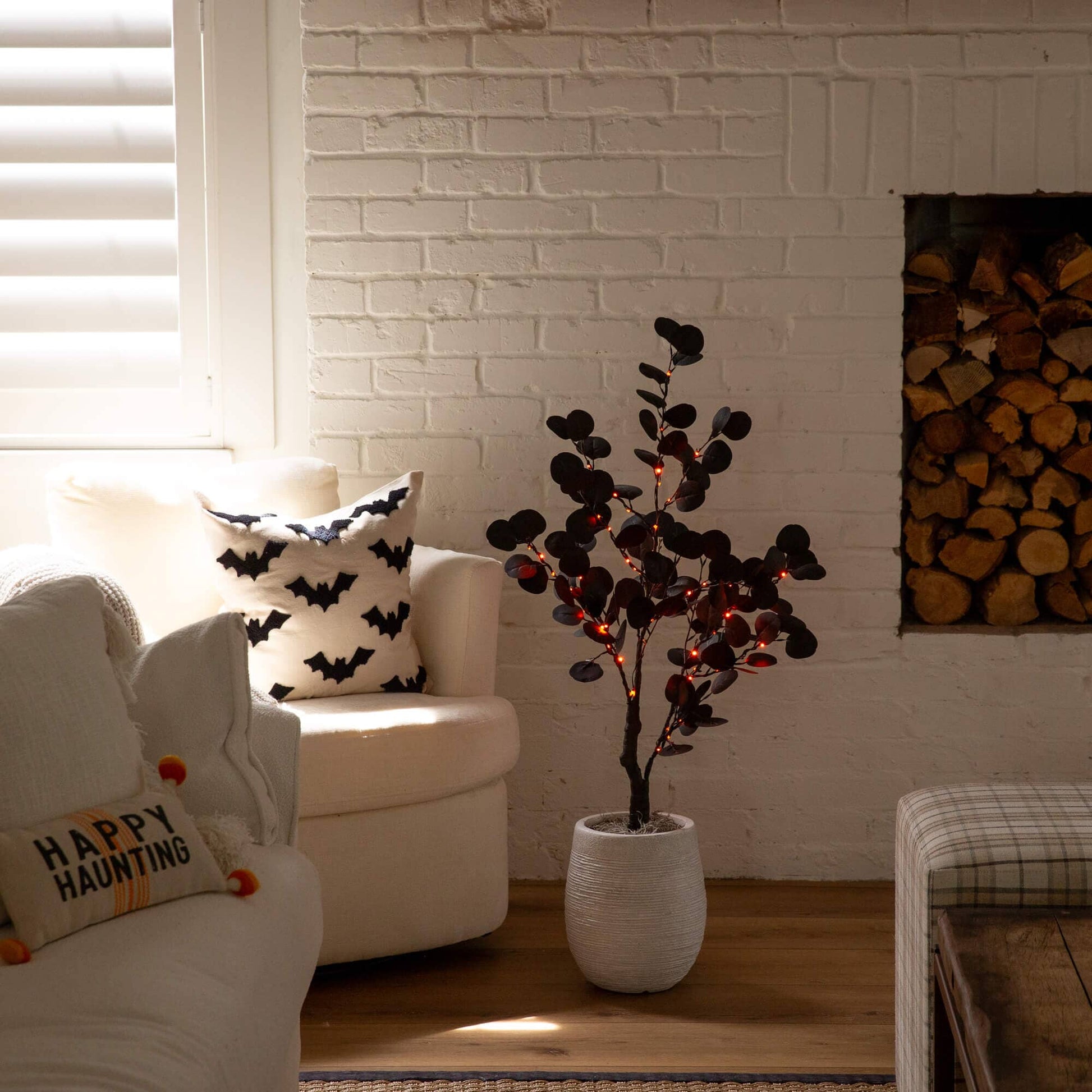 Nearly Natural 3' pre-lit Halloween black eucalyptus tree with 80 orange and purple LEDs on Tampa Home & Garden Store