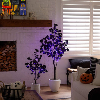 3' Pre-Lit Artificial Halloween Black Eucalyptus Tree with 80 orange & purple LED lights by Nearly Natural on Tampa Home & Garden Store