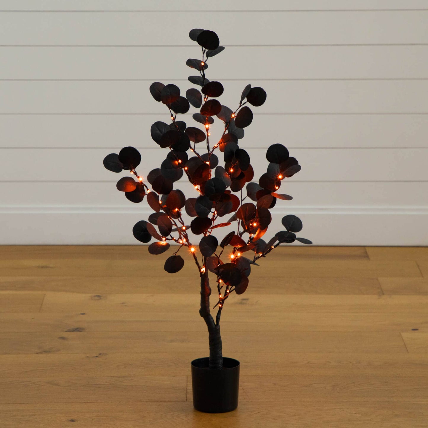 3' Pre-Lit Artificial Halloween Black Eucalyptus Tree with 80 orange and purple LEDs in pot on Tampa Home & Garden Store