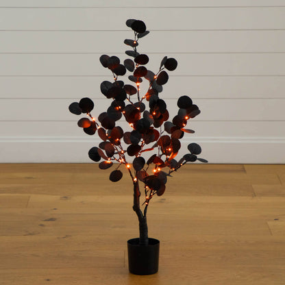 3' Pre-Lit Artificial Halloween Black Eucalyptus Tree with 80 orange and purple LEDs in pot on Tampa Home & Garden Store