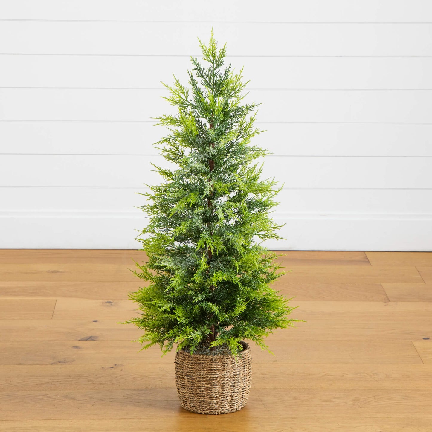 3 ft Cypress Christmas Tree, Nearly Natural, pre-lit, lightly snowed, in woven basket on Tampa Home & Garden Store