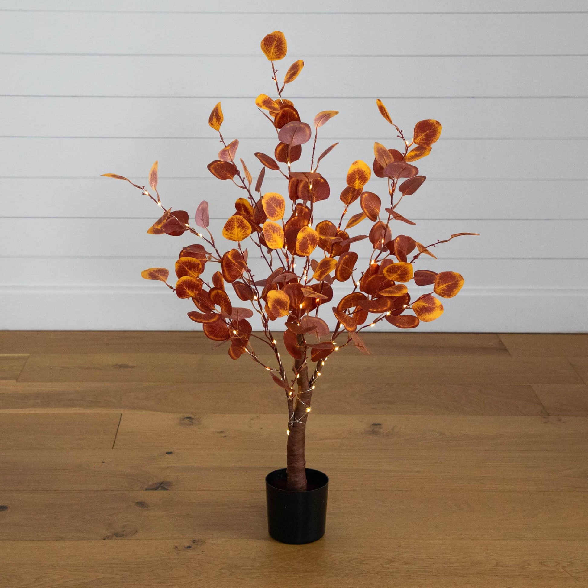 3 ft pre-lit autumn eucalyptus tree with 80 warm white LEDs in orange leaves in pot Nearly Natural on Tampa Home & Garden Store