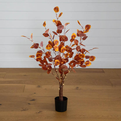 3 ft pre-lit autumn eucalyptus tree with 80 warm white LEDs in orange leaves in pot Nearly Natural on Tampa Home & Garden Store
