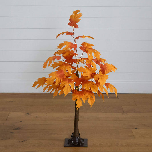 3' Pre-Lit Autumn Maple artificial tree with 80 warm white LEDs, orange autumn leaves on Tampa Home & Garden Store