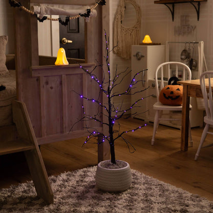 3' Pre-Lit Halloween Black Twig Artificial Tree with 80 orange & purple LEDs by Nearly Natural in a cozy living room on Tampa Home & Garden Store