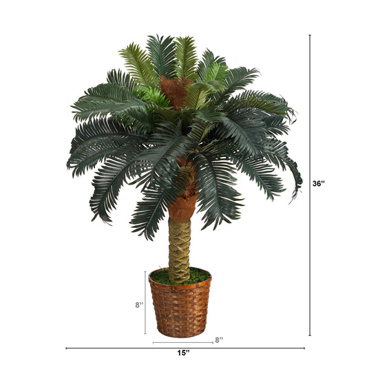 3' Sago Palm artificial tree by Nearly Natural with dark-green fronds in a woven basket pot on Tampa Home & Garden Store