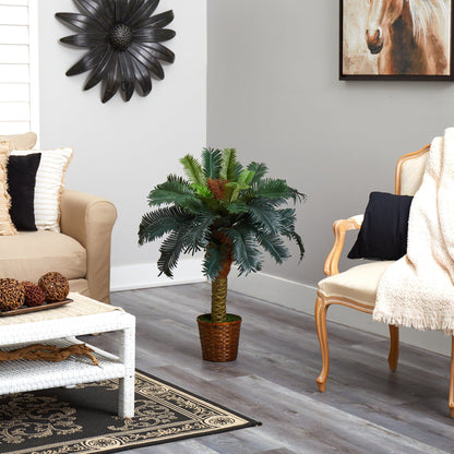 Nearly Natural 3’ Sago Palm artificial tree with dark green fronds in a wicker pot on Tampa Home & Garden Store
