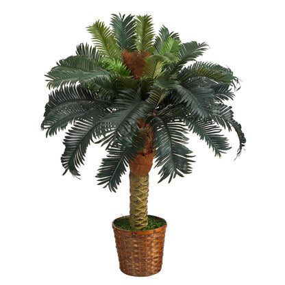 3' Sago Palm Artificial Tree Nearly Natural with green fronds in a woven basket planter on Tampa Home & Garden Store