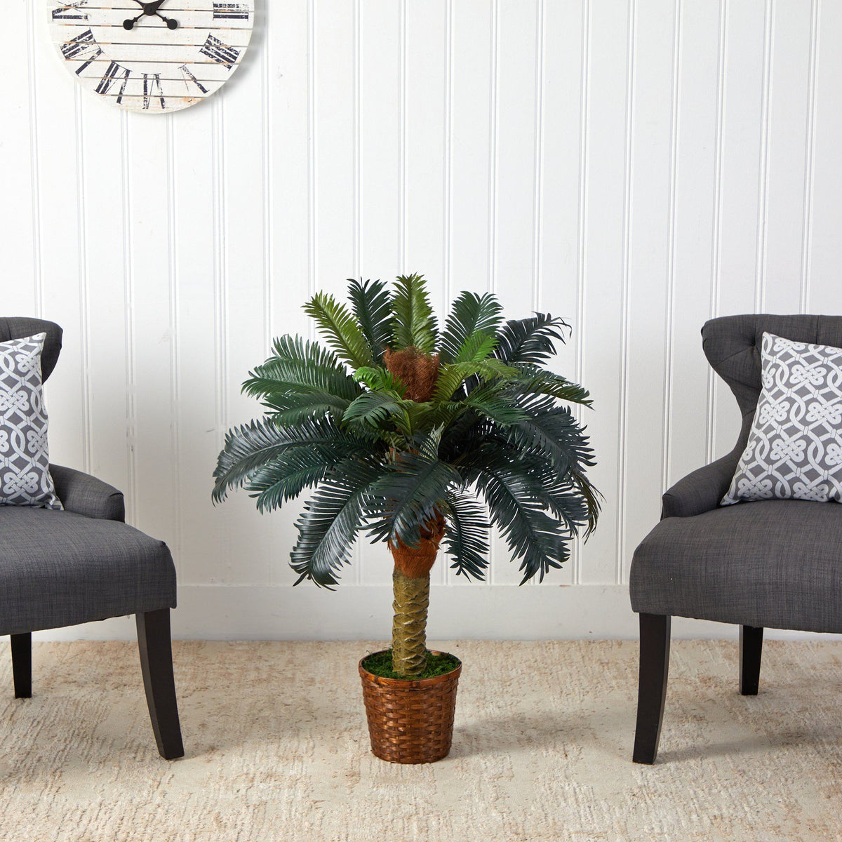3ft Sago Palm artificial tree by Nearly Natural in a woven basket with lush green fronds on Tampa Home & Garden Store