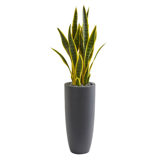 3’ Sansevieria artificial plant in gray planter with yellow-edged green leaves on Tampa Home & Garden Store