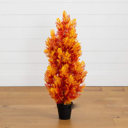 Nearly Natural 3' UV Resistant Autumn Cedar Tree orange foliage in black pot indoor outdoor on Tampa Home & Garden Store