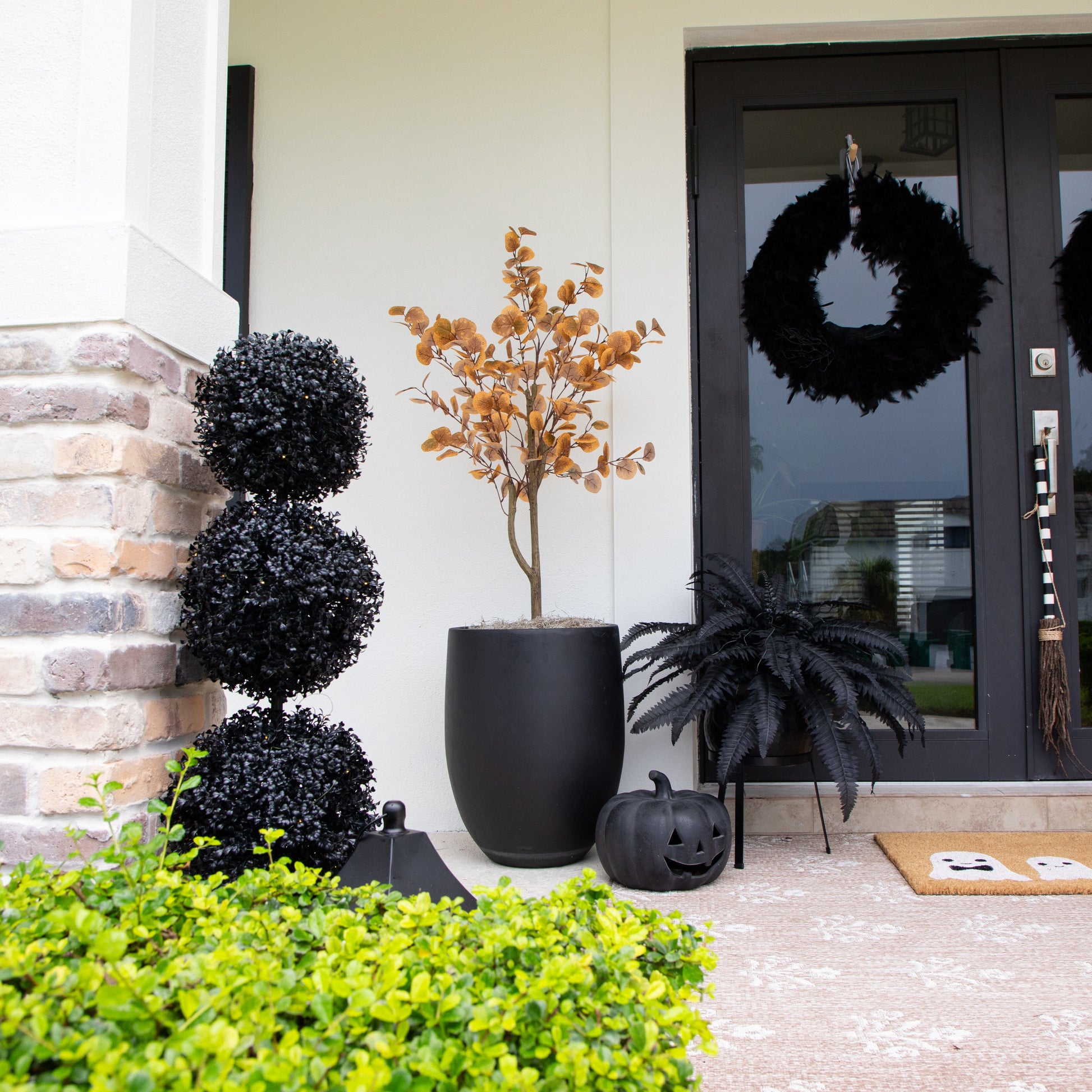 3' UV Resistant Halloween Black Boxwood Topiary in a black planter on porch with orange plant on Tampa Home & Garden Store