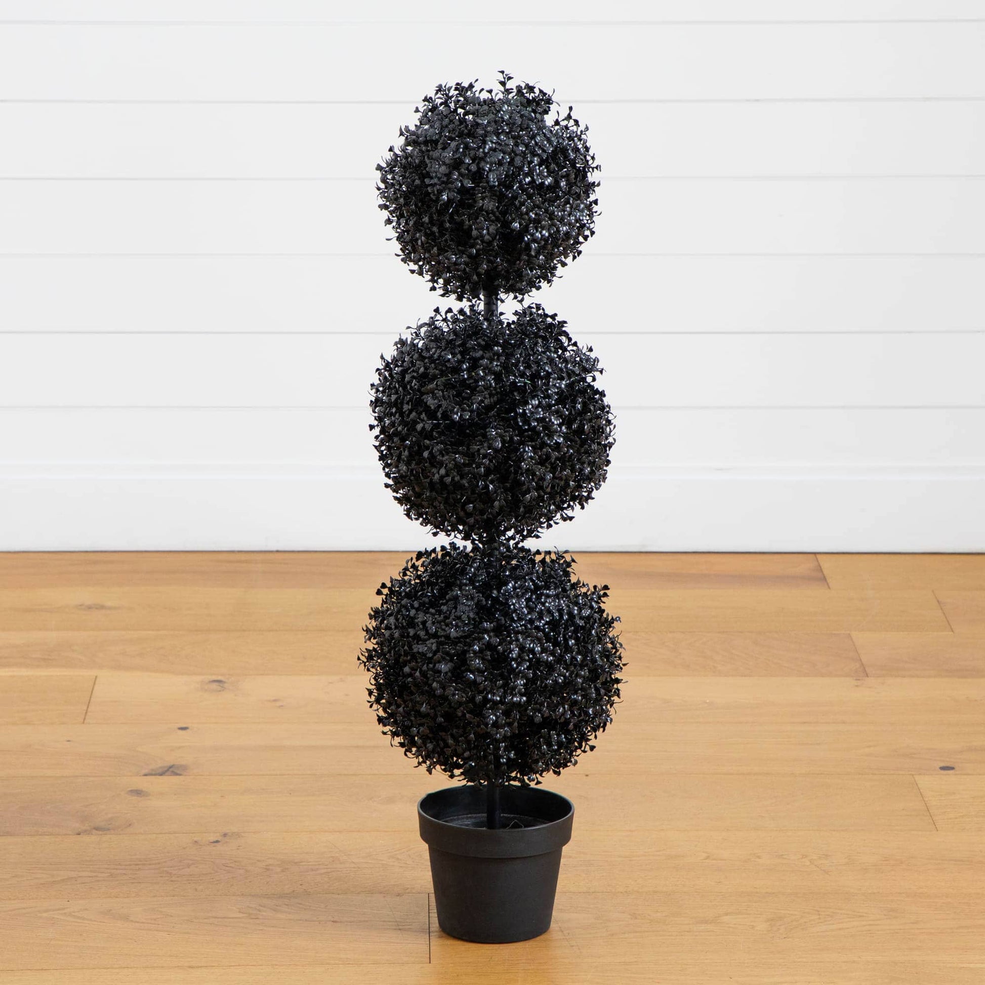 3ft UV resistant black triple-ball boxwood topiary in black planter for indoor outdoor use on Tampa Home & Garden Store