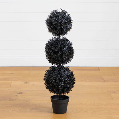 3ft UV resistant black triple-ball boxwood topiary in black planter for indoor outdoor use on Tampa Home & Garden Store