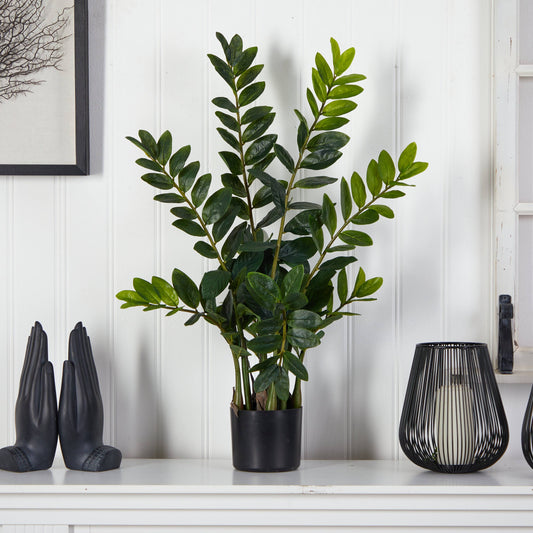 3’ Zamioculcas Artificial Plant in a black pot with glossy dark green leaves on Tampa Home & Garden Store
