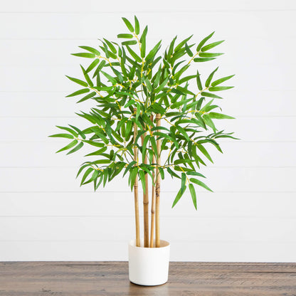 30-inch artificial bamboo tree by Nearly Natural in a white planter with lush green bamboo leaves on Tampa Home & Garden Store