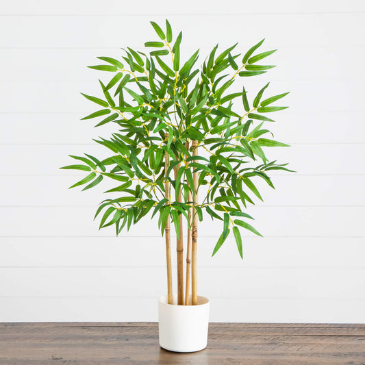 30-inch artificial bamboo tree by Nearly Natural in a white planter with lush green bamboo leaves on Tampa Home & Garden Store