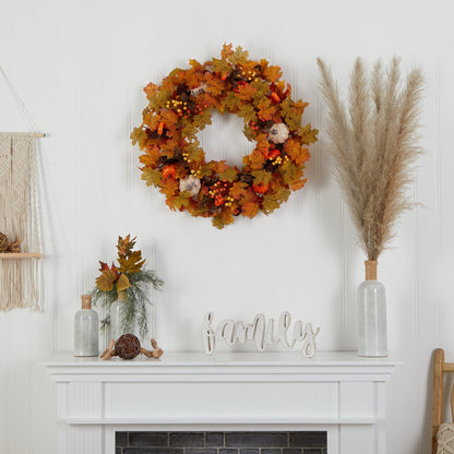 Wreath Nearly Natural 30in autumn pumpkin and maple leaf artificial fall wreath with berries on Tampa Home & Garden Store