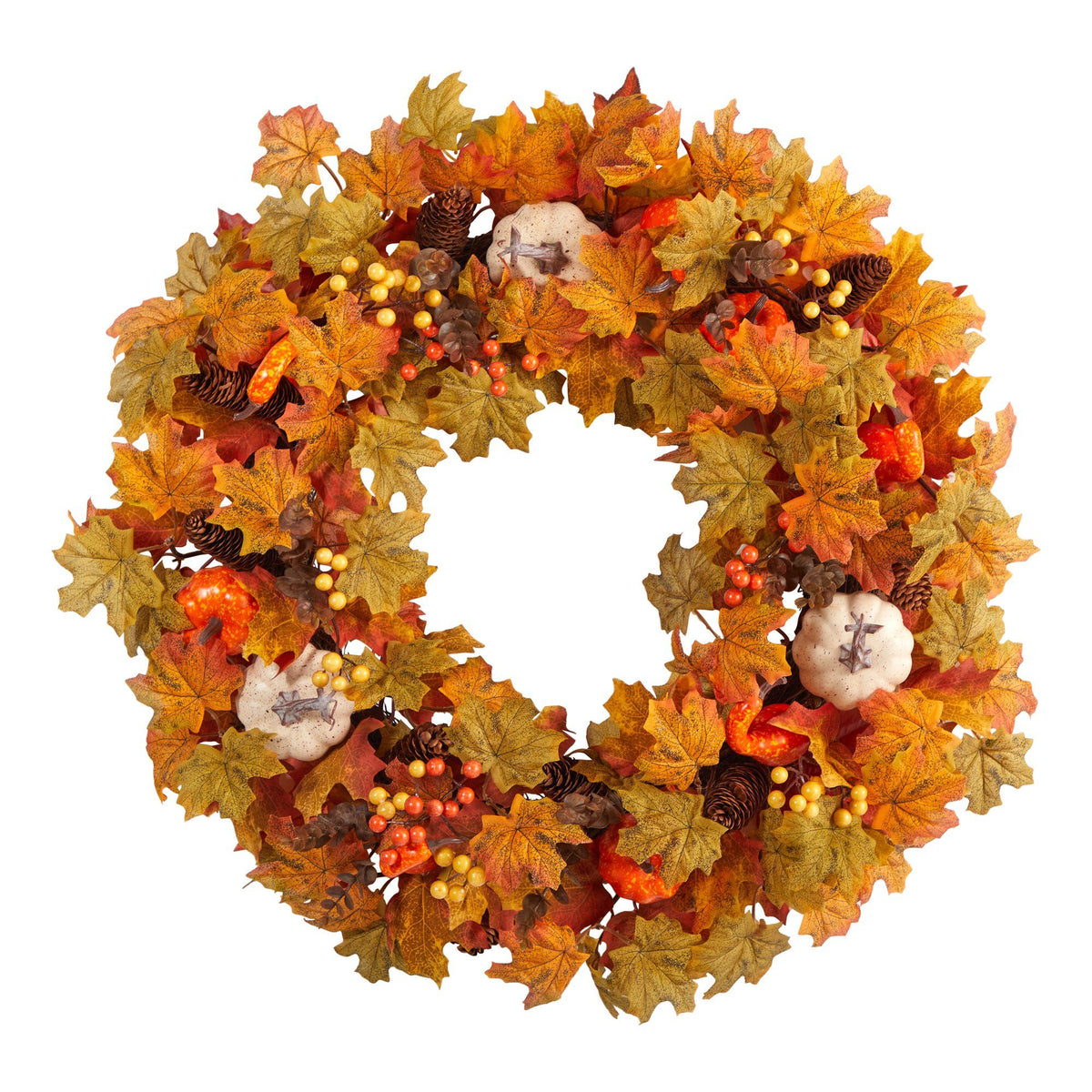 30” Autumn Pumpkin & Maple Leaf Wreath Nearly Natural orange maple leaves pumpkins pinecones on Tampa Home & Garden Store