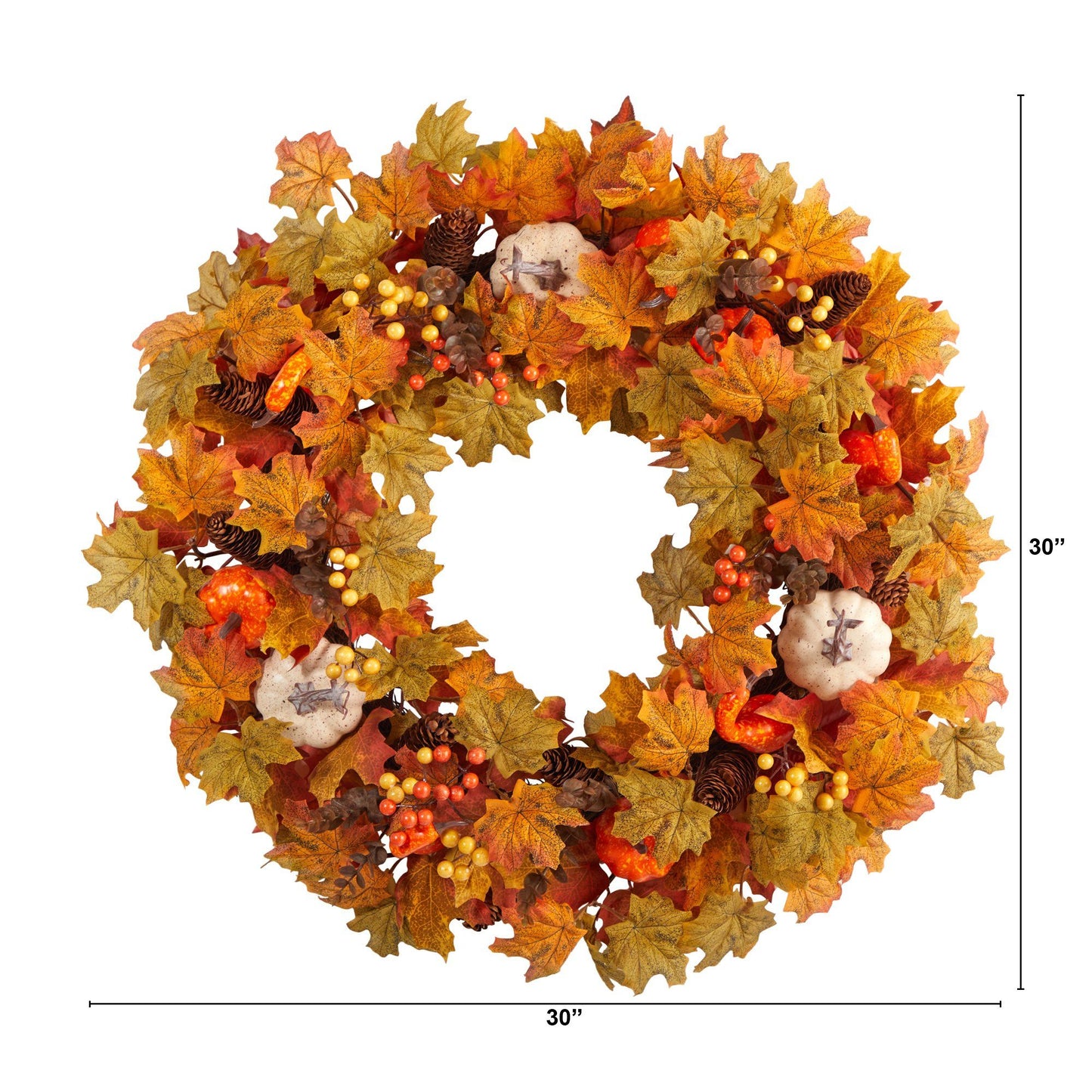 Wreath Nearly Natural 30-inch Autumn Pumpkin and Maple Leaf Artificial with pinecones and berry accents on Tampa Home & Garden Store