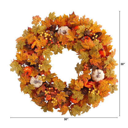 Wreath Nearly Natural 30-inch Autumn Pumpkin and Maple Leaf Artificial with pinecones and berry accents on Tampa Home & Garden Store