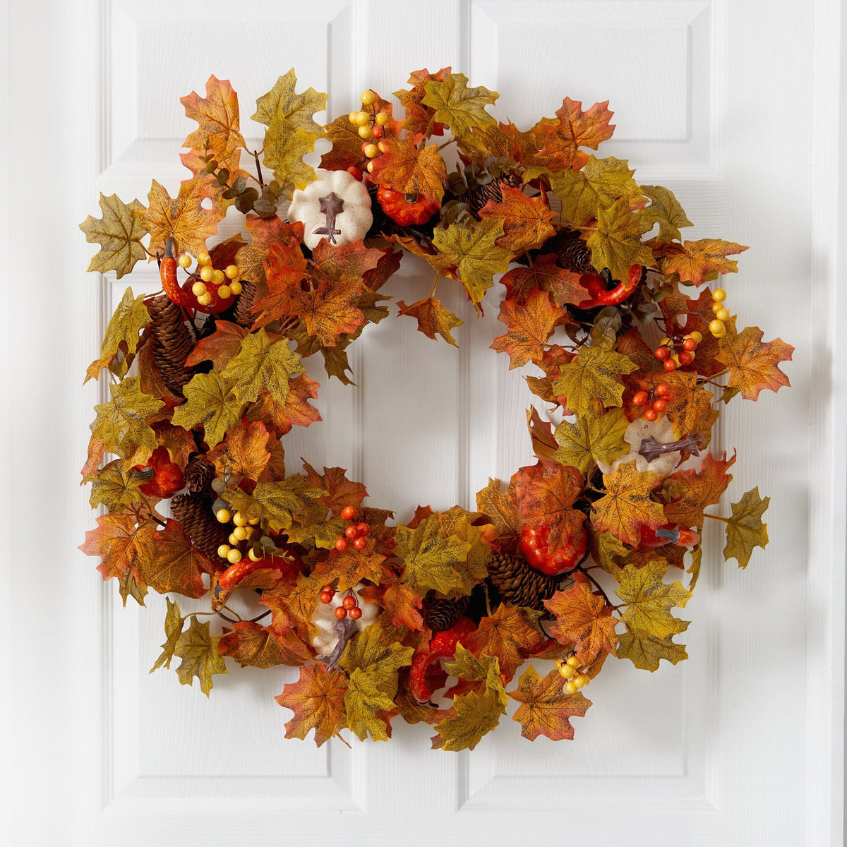 Autumn pumpkin and maple leaf wreath by Nearly Natural with orange leaves and white pumpkin on Tampa Home & Garden Store