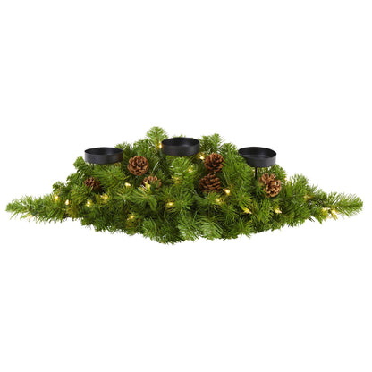 30-inch Christmas pine triple candelabrum with pine cones and black candle cups, warm lights on Tampa Home & Garden Store