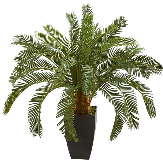 30-inch Cycas artificial plant in a black square pot with long green fronds Nearly Natural on Tampa Home & Garden Store