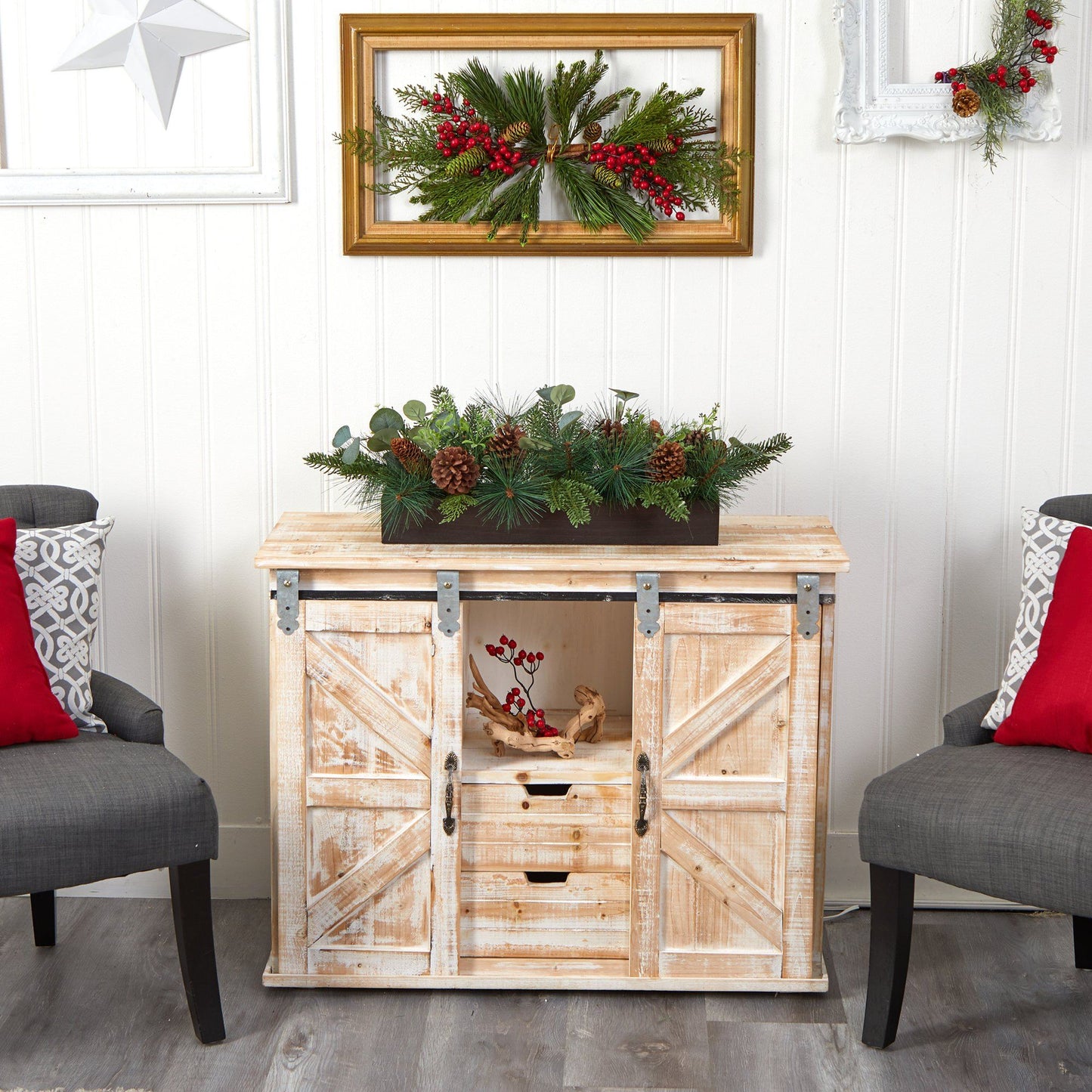 Candelabrum centerpiece 30in evergreen pine and pine cone artificial arrangement with red berries on Tampa Home & Garden Store