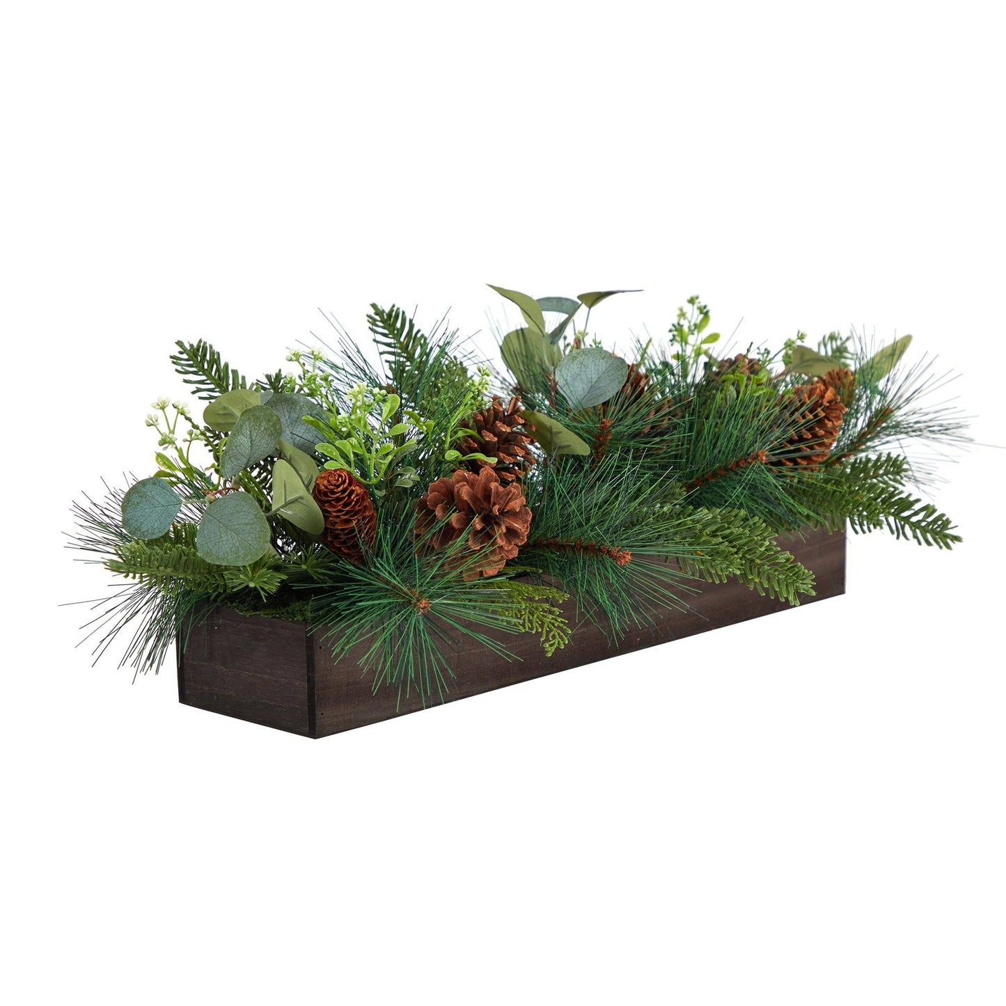 Centerpiece Nearly Natural 30-inch Evergreen Pine and Pine Cone with dark wood tray on Tampa Home & Garden Store