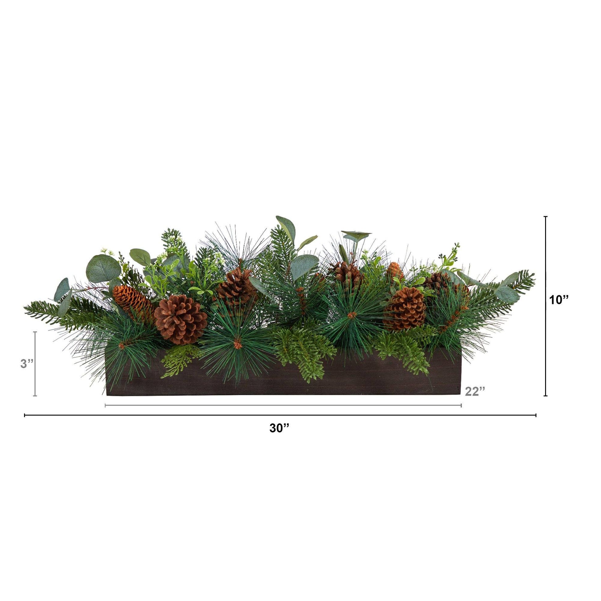 Candelabrum centerpiece featuring 30-inch evergreen pine, pine cones, and mixed greens in a dark wood base on Tampa Home & Garden Store