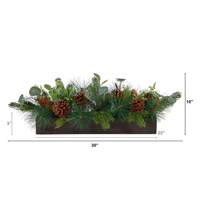Candelabrum centerpiece featuring 30-inch evergreen pine, pine cones, and mixed greens in a dark wood base on Tampa Home & Garden Store