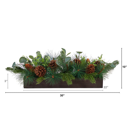 Candelabrum centerpiece featuring 30-inch evergreen pine, pine cones, and mixed greens in a dark wood base on Tampa Home & Garden Store