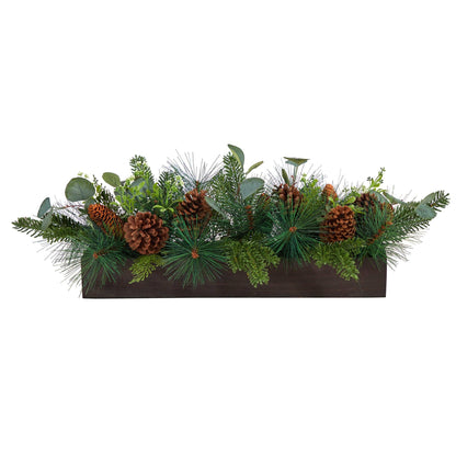 Evergreen pine centerpiece with pine cones, artificial, in dark wood tray by Nearly Natural on Tampa Home & Garden Store