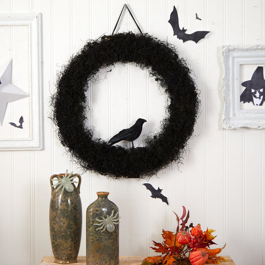 30-inch Halloween Black Raven Twig Wreath by Nearly Natural with a black raven perched on a twisted twig ring on Tampa Home & Garden Store