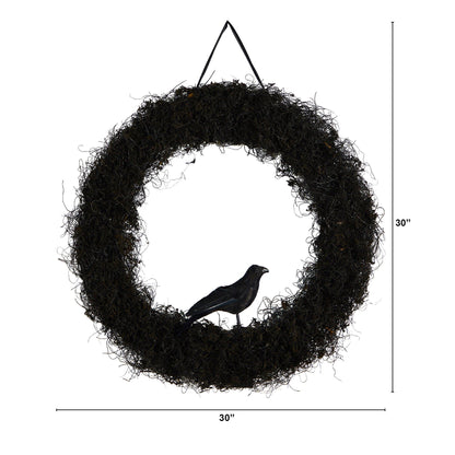 30-inch Halloween Black Raven Twig Wreath by Nearly Natural with raven perched on twig ring on Tampa Home & Garden Store