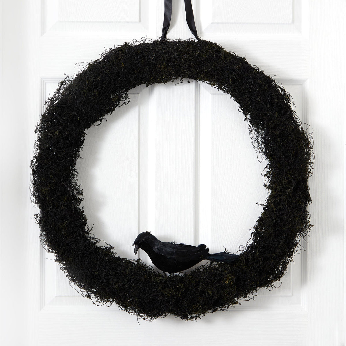 30-inch Halloween Black Raven Twig Wreath with black twig texture and perched raven accent on Tampa Home & Garden Store