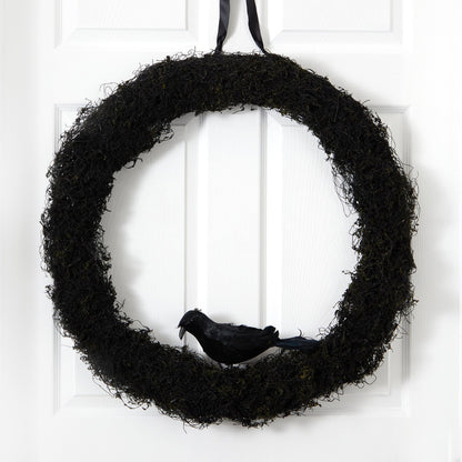 30-inch Halloween Black Raven Twig Wreath with black twig texture and perched raven accent on Tampa Home & Garden Store