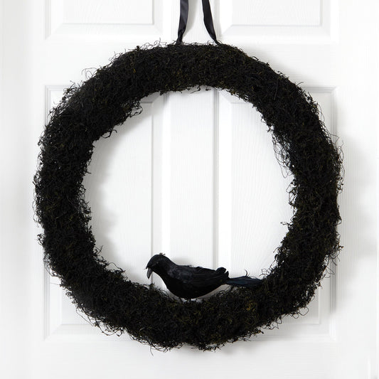 30-inch Halloween Black Raven Twig Wreath with black twig texture and perched raven accent on Tampa Home & Garden Store