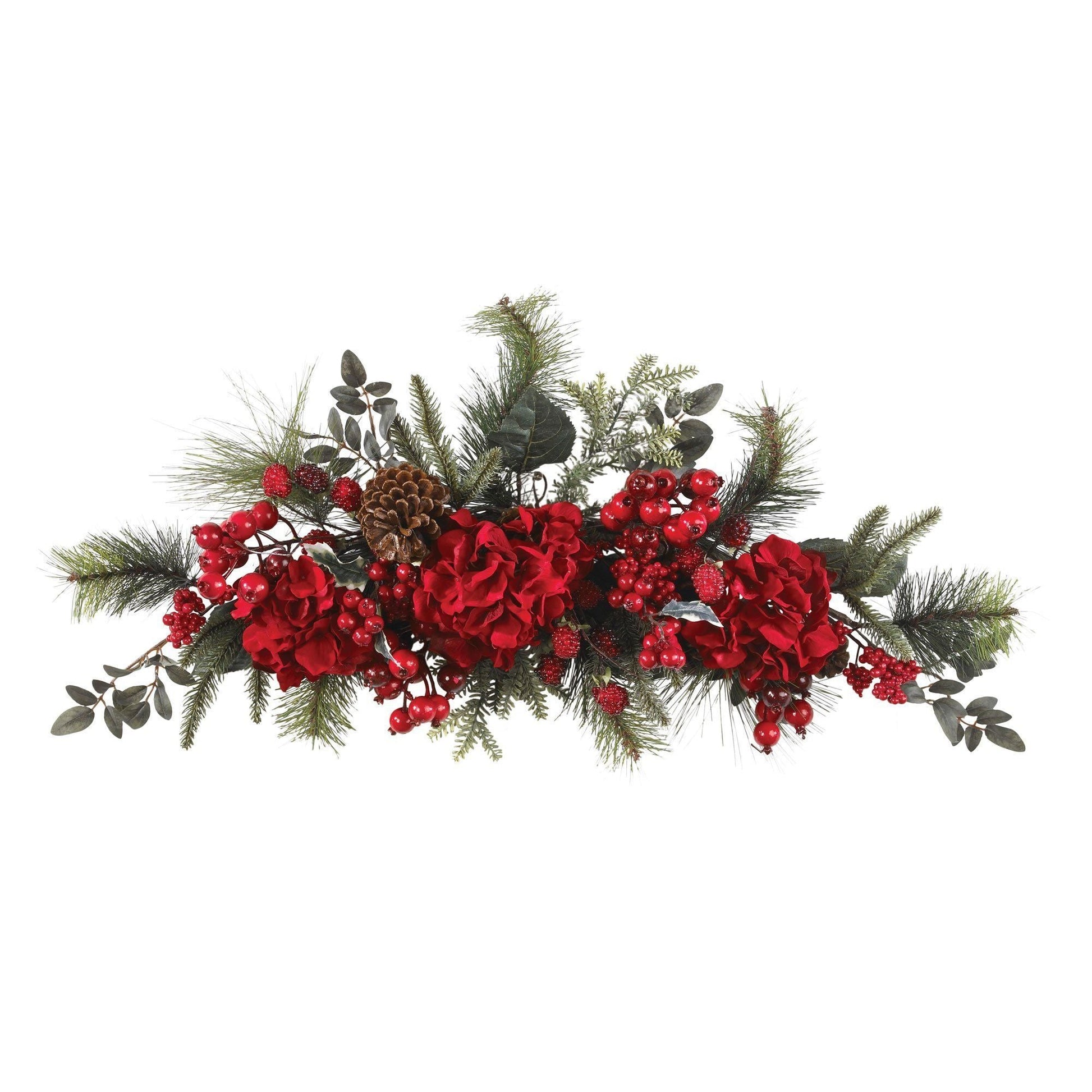 30in Holiday Hydrangea Swag Nearly Natural with red blooms, pinecones and berries on Tampa Home & Garden Store