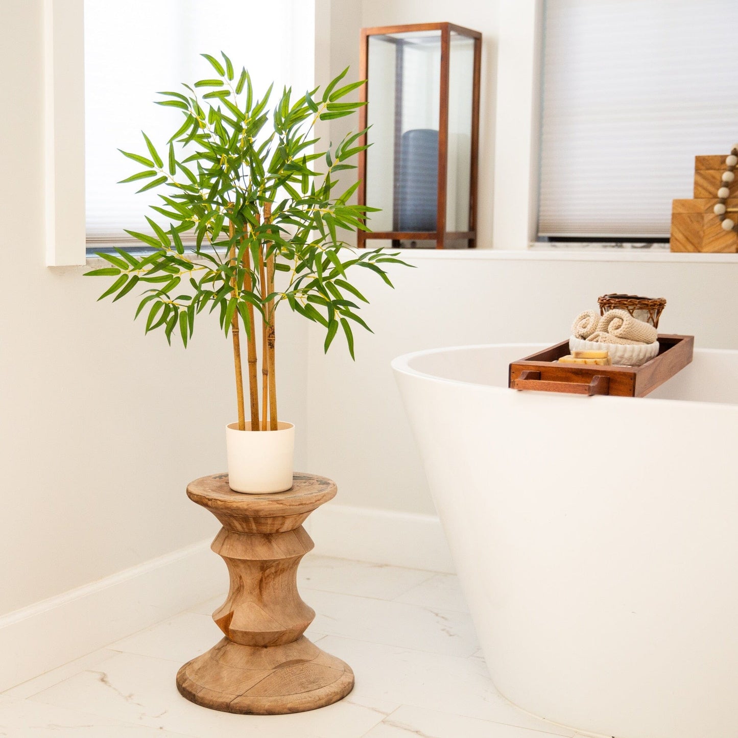 Nearly Natural 30 inch artificial bamboo tree in white planter on carved wood stand on Tampa Home & Garden Store