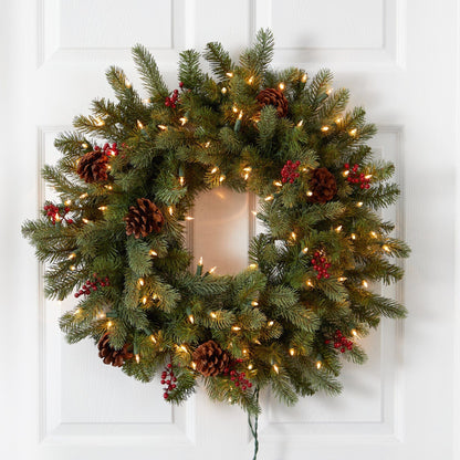 Wreath 30in Nearly Natural lighted pine with berries and pinecones on white door on Tampa Home & Garden Store