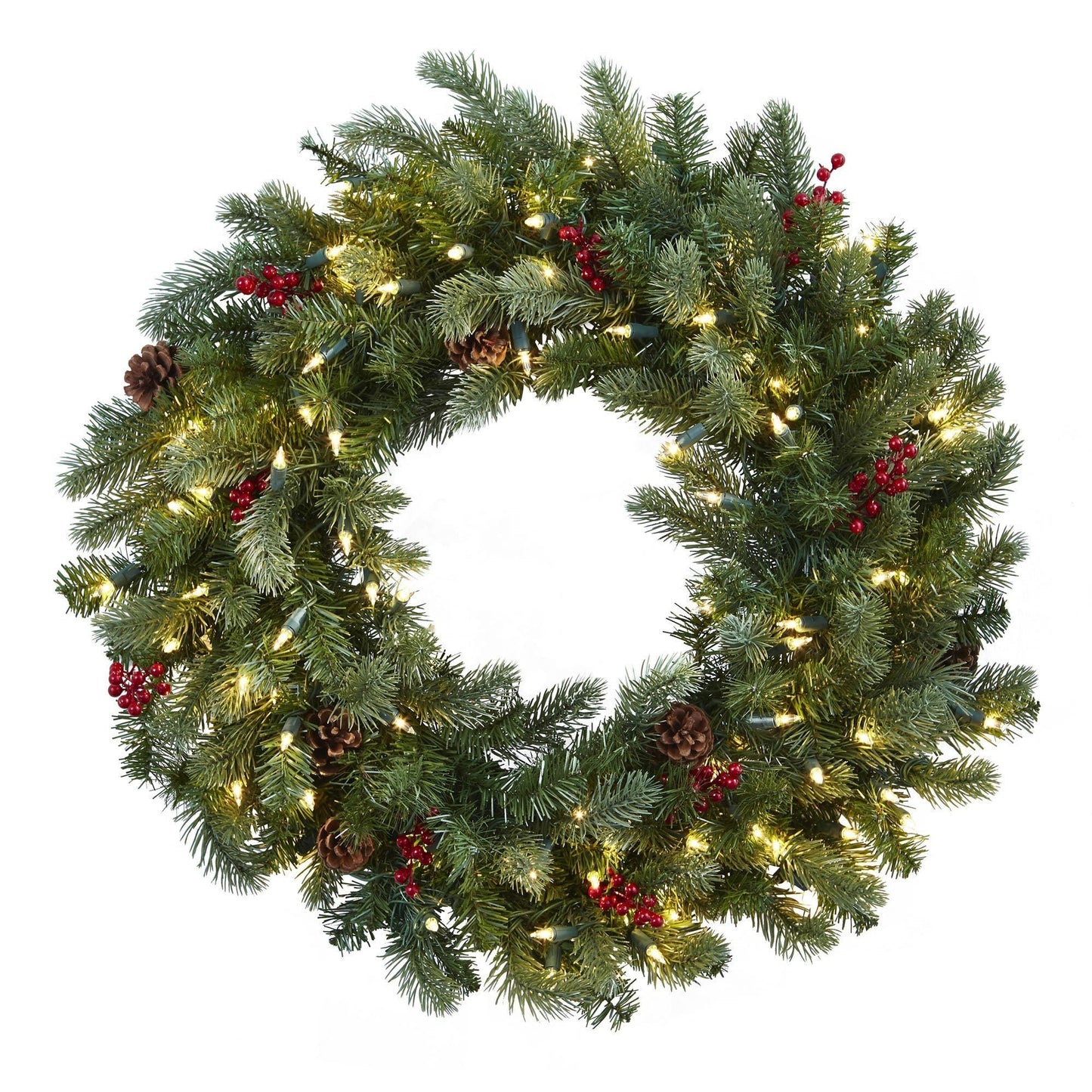30in Lighted Pine Wreath with red berries and pinecones by Nearly Natural on Tampa Home & Garden Store