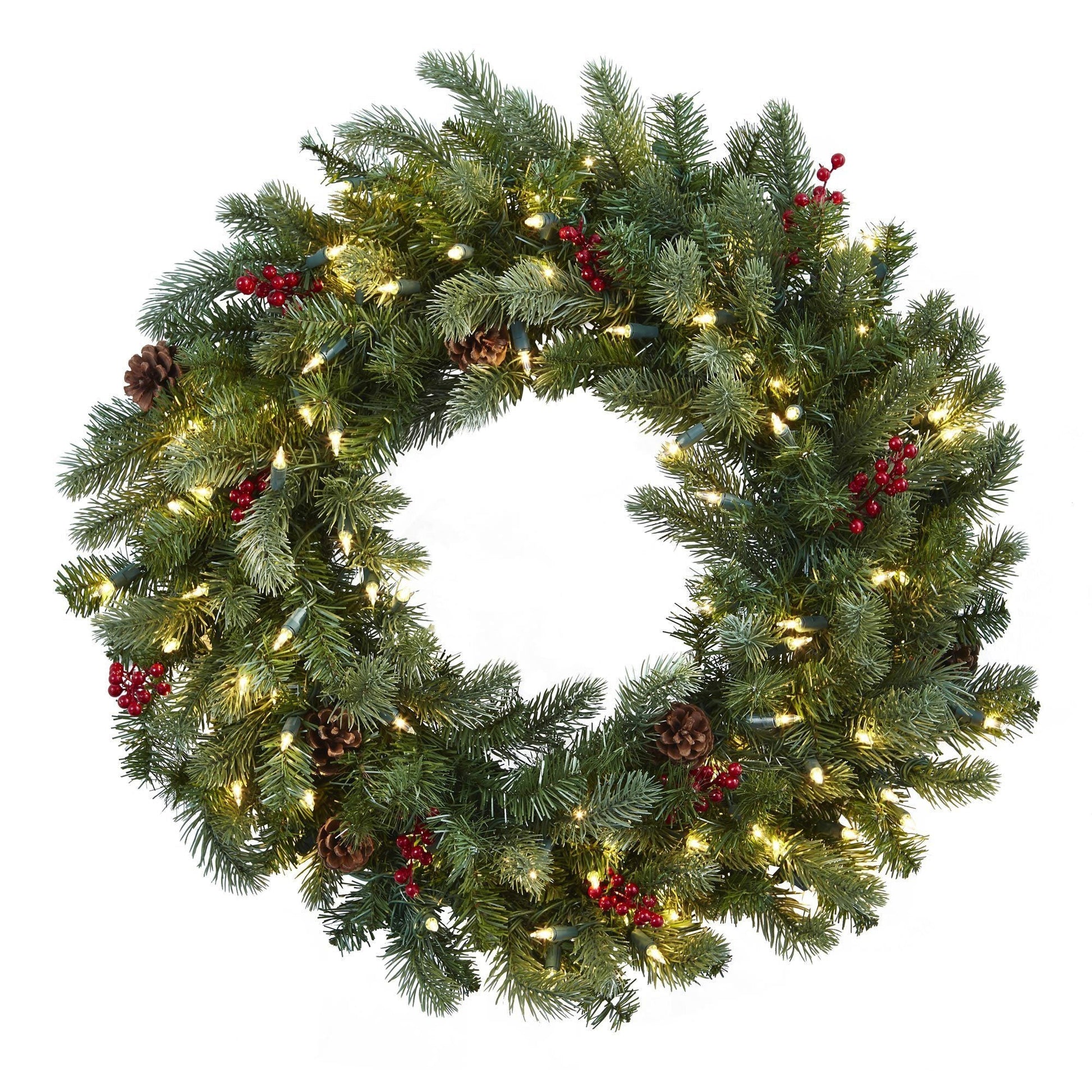 30in Lighted Pine Wreath with red berries and pinecones by Nearly Natural on Tampa Home & Garden Store