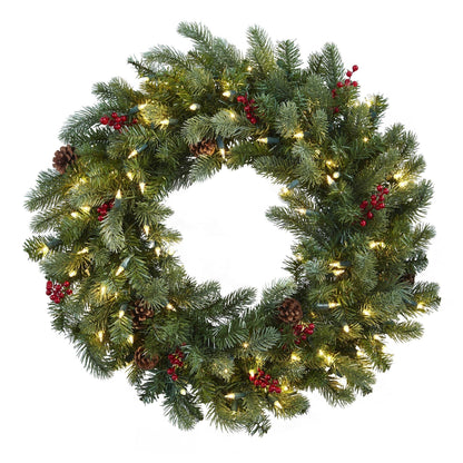 30in Lighted Pine Wreath with red berries and pinecones by Nearly Natural on Tampa Home & Garden Store
