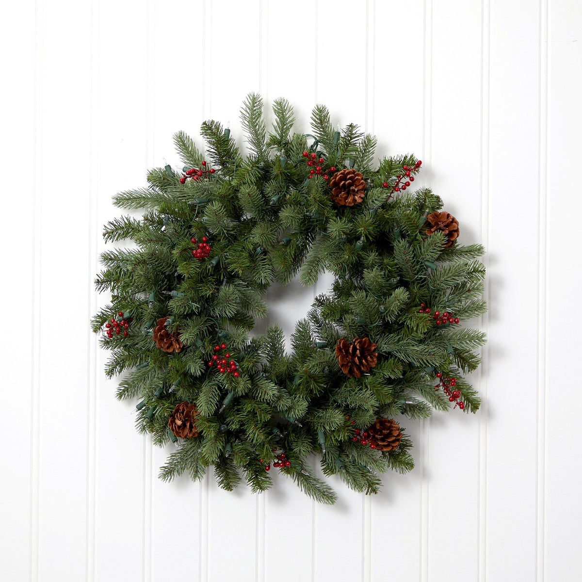 Nearly Natural 30-inch Lighted Pine Wreath with red berries & pine cones, green needles on Tampa Home & Garden Store