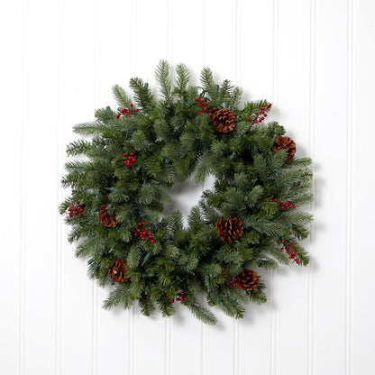 Nearly Natural 30-inch Lighted Pine Wreath with red berries & pine cones, green needles on Tampa Home & Garden Store