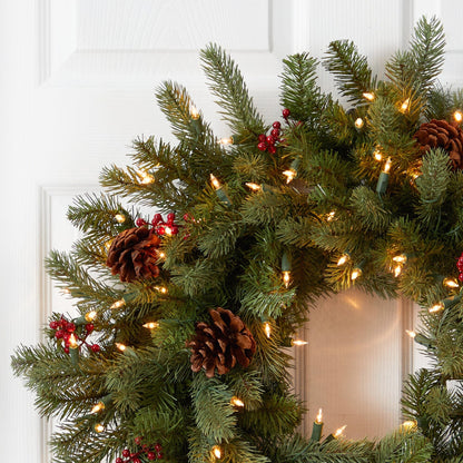 Wreath Nearly Natural 30in Lighted Pine with berries and pine cones on Tampa Home & Garden Store